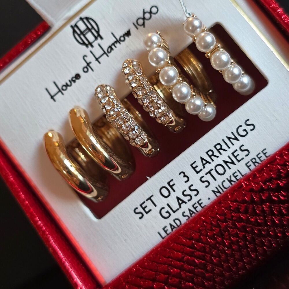 House of Harlow 1960 Earring Set of 3 glass stones NIB Gold faux Pearl
